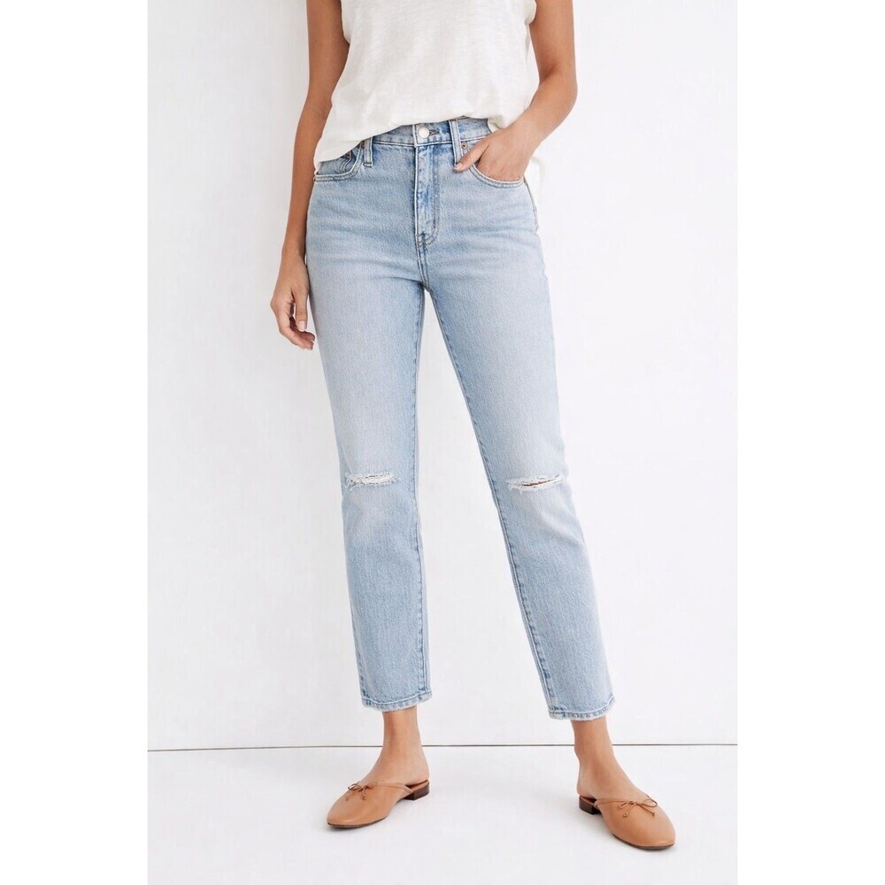 Madewell High Rise Slim Crop Boyjean 28 Tall Distressed Light Wash Denim
